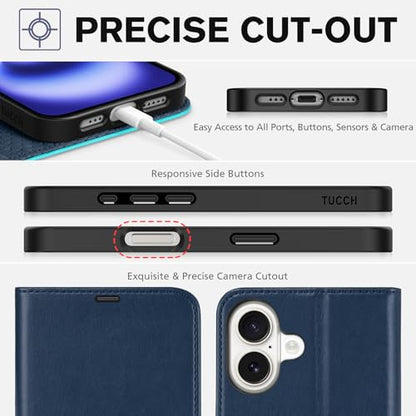 TUCCH Wallet Case for iPhone 16 (6.1") 2024, 4 Card Slots, Blue & Lake Blue | RFID Blocking, Viewing Stand, Shockproof TPU Shell, PU Leather, Magnetic Closure, Protective Folio Flip Cover - color: Two-tone Blue & Lake Blue