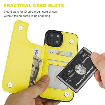 ONETOP for iPhone 15 Wallet Case with Credit Card Holder,Yellow | Kickstand,ID/Cash Holder,Case Wallet with Card Slots,Double Magnetic Clasp,Durable PU Leather Shockproof Cover for Women Men - color: Yellow