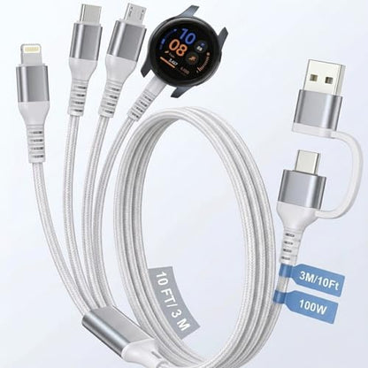 100W Multi Charging Cable for Samsung Galaxy Watch - 2026 Upgraded 4 in 2 Fast Charging Cord for iPhone17/16/15/14/13/12, Galaxy Watch 7/6 Classic/6/5 Pro/5, Galaxy S24, Android,iPad, MacBook, 10FT