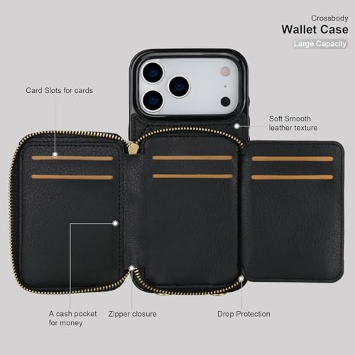 Bocasal Crossbody Wallet Case Card Holder for iPhone 17 Pro Max Black | RFID Blocking PU Leather Zipper Handbag Purse, Kickstand Flip Folio Case with Card Slots Holder Wrist Strap Lanyard 6.9 Inch - color: Black