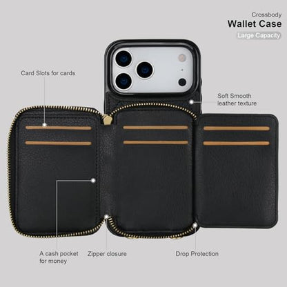 Bocasal Crossbody Wallet Case Card Holder for iPhone 17 Pro Max Black | RFID Blocking PU Leather Zipper Handbag Purse, Kickstand Flip Folio Case with Card Slots Holder Wrist Strap Lanyard 6.9 Inch - color: Black