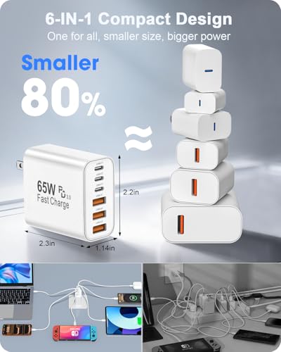 2-Pack 65W USB C Charger Block, 6-Port Fast Wall Charging Block [3 PD USB-C & 3 QC USB-A] for iPhone 17 16 15 Pro Max, iPad Pro, Galaxy S26 S25, Pixel 10 9, iWatch,Google & More - color: White