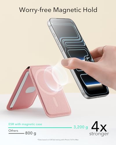 ESR Aura for MagSafe Wallet with Adjustable Stand, 5 Card Holder | Strong Magnetic Wallet for iPhone 17 Pro Max 17e 16 15 14 13 12 Series, Not for iPhone 13/12 mini, Vegan Leather, Pink - color: Pink
