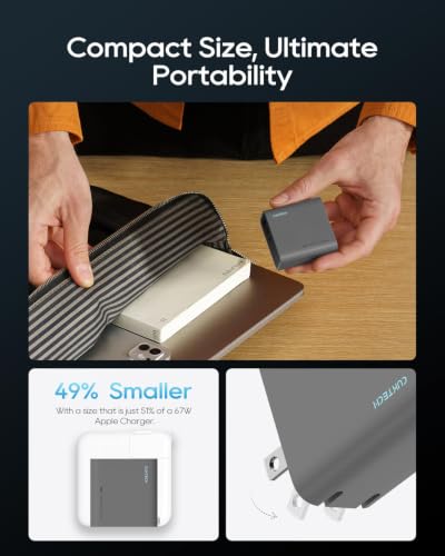 CUKTECH 65W USB C Charger, 3-Port Compact and Foldable Fast Charger Block, GaN Wall Charger Adapter for iPhone 16/15/14/13, MacBook Pro/Air, Galaxy S24/23/22, iPad, Pixel, iWatch, etc (Grey) - color: Grey