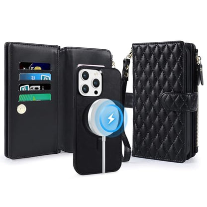 for iPhone 13 Pro Max Case Wallet,Compatible with MagSafe 2 in 1 Magnetic Detachable PU Leather RFID Blocking Wallet Cover Card Holder Zipper Wrist Strap Lanyard,Quilted Black - color: Quilted Black, size: iPhone 13 Pro Max
