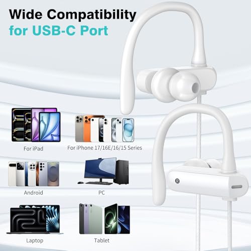 USB C Headphones Over Ear Hook Kids Sport USB-C Wired Earbuds with Loop Mic - color: White