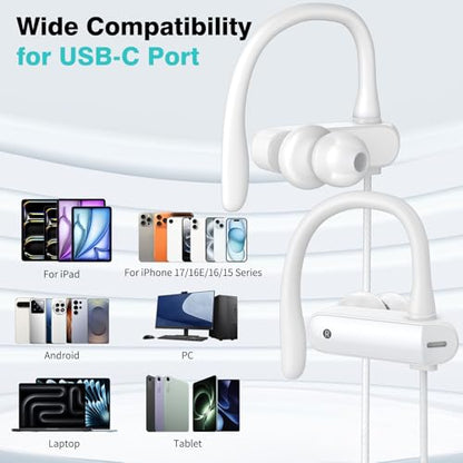 USB C Headphones Over Ear Hook Kids Sport USB-C Wired Earbuds with Loop Mic - color: White