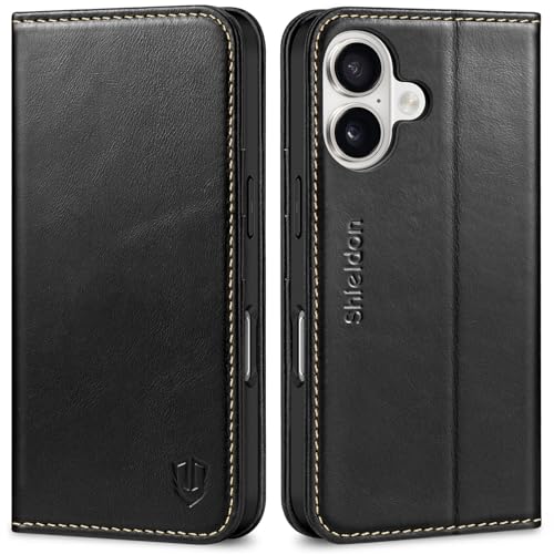 SHIELDON Genuine Leather Wallet Case for iPhone 17 6.3" 2025, Retro Black | Magnetic Closure, RFID Blocking, Credit Card Holder, Viewing Stand, Folio Design, Shockproof Protective Cover - color: Retro Black