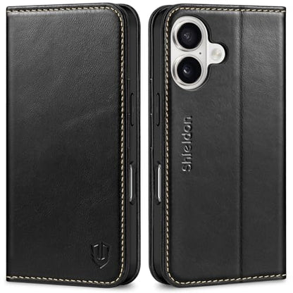 SHIELDON Genuine Leather Wallet Case for iPhone 17 6.3" 2025, Retro Black | Magnetic Closure, RFID Blocking, Credit Card Holder, Viewing Stand, Folio Design, Shockproof Protective Cover - color: Retro Black