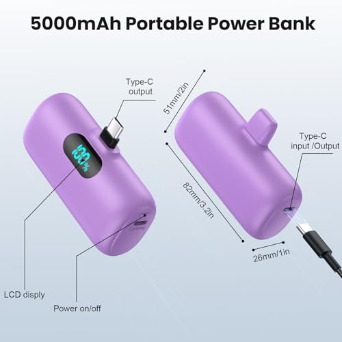 Mini Portable Charger USB C Power Bank,Upgraded 5000mAh PD Fast Charging Battery Pack Built-in USB-C Connector Travel Essential for iPhone17/17Pro/17Pro Max/Air/16 Plus/16Pro Max/15 Series,Android etc - color: Purple