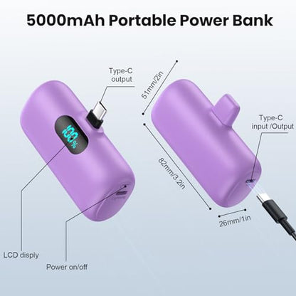 Mini Portable Charger USB C Power Bank,Upgraded 5000mAh PD Fast Charging Battery Pack Built-in USB-C Connector Travel Essential for iPhone17/17Pro/17Pro Max/Air/16 Plus/16Pro Max/15 Series,Android etc - color: Purple
