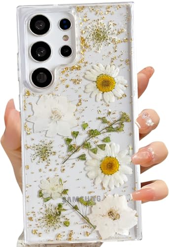 LSEEKA for Samsung Galaxy S23 Ultra Clear Case with Pressed Real Dried White Flower Design,Transparent Glitter Cute Floral Slim Soft TPU Protective Phone Cover for Samsung Galaxy S23 Ultra - color: White Gold, size: for Samsung Galaxy S23 Ultra