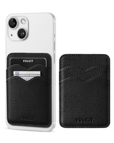 VULKIT Stick on Card Holder Compatible for iphone Leather Cell Phone Wallet Credit Card Case Strong Sticker for Women - color: Genuine Black
