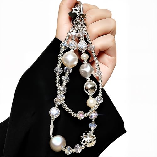 Luxury Pearl Phone Wrist Strap Crystal Diamond Beaded Keychain Wristlet for Phone Chain Wristlet Glitter Rhinestone Cellphone Lanyard Dual Chains Phone Strap Wrist Keychain Bag Charms for Handbags
