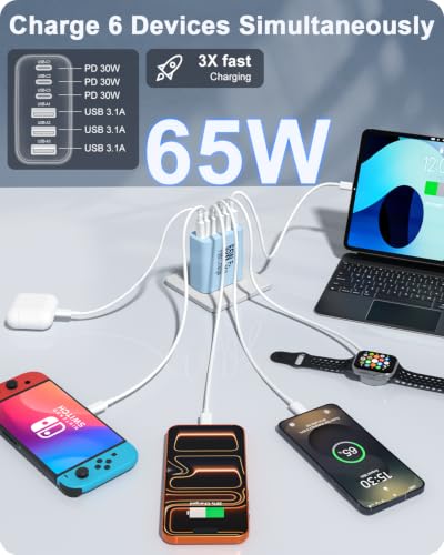 2-Pack 65W USB C Charger Block, 6-Port Fast Wall Charging Block [3 PD USB-C & 3 QC USB-A] for iPhone 17 16 15 Pro Max, iPad Pro, Galaxy S26 S25, Pixel 10 9, iWatch,Google & More - color: Blue