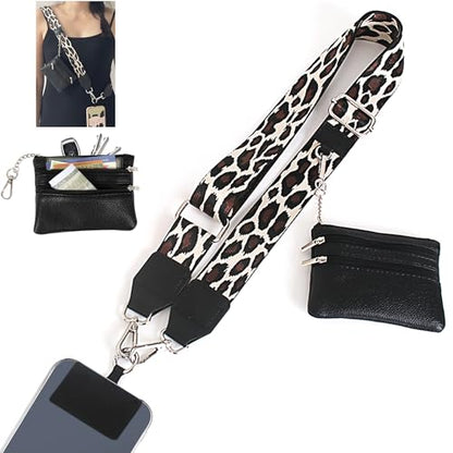 Phone Lanyard Crossbody with Zipper Pouch, Adjustable Phone Strap with Detachable Wallet/Wrist, Holds Multiple Cards & Cash, Clip and Go Strap Women/Teacher Gift for All Phone, Black Leopard - color: Black leopard