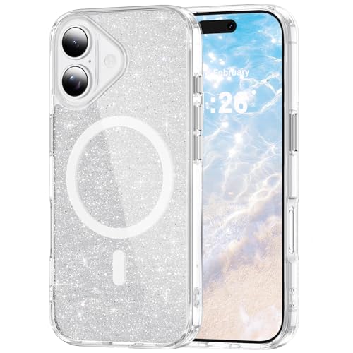 LEMAXELERS Clear Sparkly Magnetic Case for iPhone 16 -Clear SF | Glitter Anti-Yellowing Slim TPU Bumper Compatible with Magsafe Shockproof Protective Transparent Cover - color: Clear, size: iPhone 16
