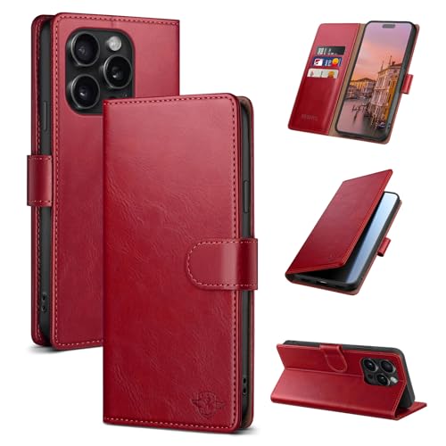 Wallet Case for iPhone 15 Pro Max 6.7", Red | RFID-Blocking Card Holder, Kickstand, Magnetic Closure, PU Leather Folio Flip Cover, Protective Women Men Cases - color: Red, size: iPhone 15 Pro Max