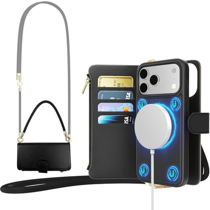 for iPhone 17 Pro Max 2-in-1 Magnetic Crossbody Wallet Case + Wrist Strap | Wireless Charging After Wallet Removal, Detachable Crossbody/Wrist Straps, Landscape Stand, Card Holder and Zipper Pocket - color: Black, size: iPhone 17 Pro Max