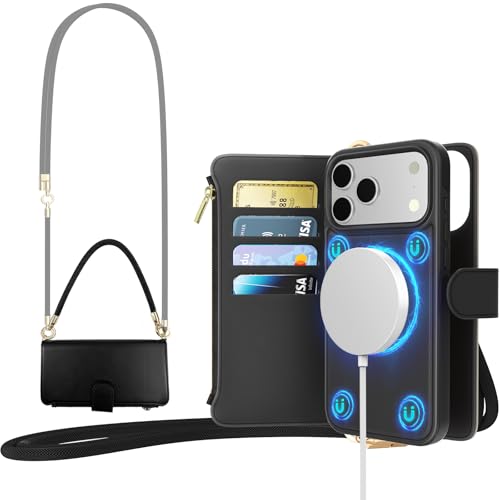 for iPhone 17 Pro 2-in-1 Magnetic Crossbody Wallet Case + Wrist Strap | Wireless Charging After Wallet Removal, Detachable Crossbody/Wrist Straps, Landscape Stand, Card Holder and Zipper Pocket - color: Black, size: iPhone 17 Pro