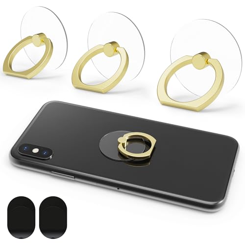 3PCS Clear Base Phone Holders with 360° Rotation & 180° Adjustable Angle, No-Trace Adhesive for Easy Removal, Strong Grip and Smooth Rotation, Includes 2 Hooks & Remover (Gold Ring) - color: Gold