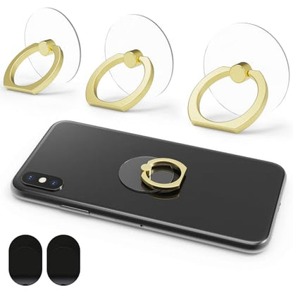 3PCS Clear Base Phone Holders with 360° Rotation & 180° Adjustable Angle, No-Trace Adhesive for Easy Removal, Strong Grip and Smooth Rotation, Includes 2 Hooks & Remover (Gold Ring) - color: Gold