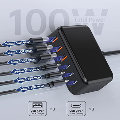 100W 6 in 1 USB Charger, 50% Smaller Charging Station for Multiple Devices - color: B-Black