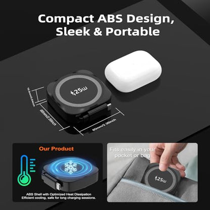 25W Magnetic Qi Fast Wireless Charging Pad, Slim Portable Wireless Charger with 0.7m Retractable USB-C Cable for iPhone, Samsung, Google Pixel, AirPods, 5 Colors(Black) - color: Black