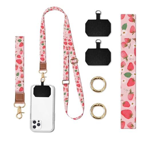 Phone Lanyard Crossbody Wrist Strap, Universal Adjustable Neck Strap for Phone Case Keys ID Badges - color: Watercolor Pink Strawberry