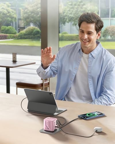 W & O 60W Gan Fast Charger Wall Plug, Built-in Retractable USB-C & L Cables - color: Pink