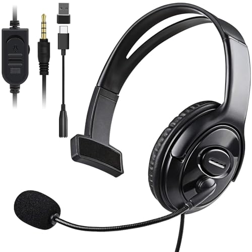 Wired Single Ear Headset with 3.5mm Jack & USB-C & USB-A Adapter for PS5, PS4, Xbox, Switch, PC, iPhone, iPad, Android - Unilateral Mono Headphone for Gaming, Call Center, Remote Work, Online Classes - color: Black | Single Ear | Flexible Mic
