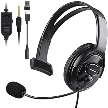 Wired Single Ear Headset with 3.5mm Jack & USB-C & USB-A Adapter for PS5, PS4, Xbox, Switch, PC, iPhone, iPad, Android - Unilateral Mono Headphone for Gaming, Call Center, Remote Work, Online Classes - color: Black | Single Ear | Flexible Mic