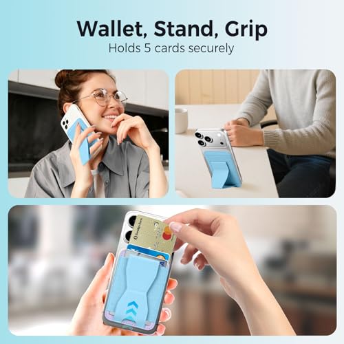 for MagSafe Wallet with Stand Grip, 5 Card Holder for iPhone - color: Light blue