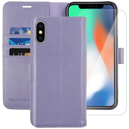 MONASAY Wallet Case for iPhone X/Xs with 3 Card Holders - Lavenders | Kickstand,RFID Blocking,6.6 feet of shock absorption,PU Leather,Strong Magnetic Closure,Fits 5.8 inch ONLY,screen Protector - color: Lavenders
