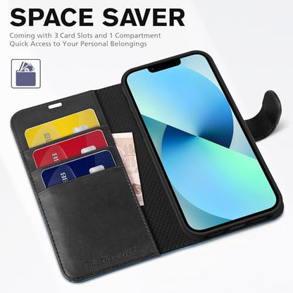 TUCCH Wallet Case for iPhone 13 (6.1"), 3 Card Holders, Black & Light Blue | RFID Blocking, Viewing Stand, Shockproof TPU Shell, PU Leather, Magnetic Closure, Protective Folio Flip Cover - color: Black & Light Blue