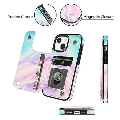 uCOLOR for iPhone 13/14 Wallet Case with Card Holder | PU Leather RFID Blocking for Women Men Magnetic Clasp Kickstand, Pastel Pink Marble - color: Pastel Pink Marble