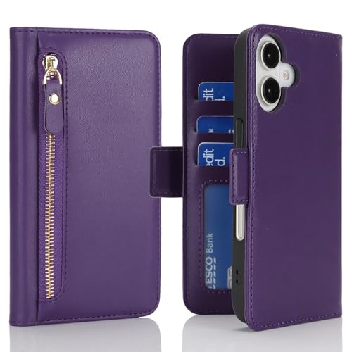 Ｈａｖａｙａ for iPhone 16 case Wallet with Card Holder Zipper for Women Men PU Leather Flip Folio Credit Card Slots Stand Shockproof Phone Cover(6.1")-Deep Purple - color: Deep Purple-A