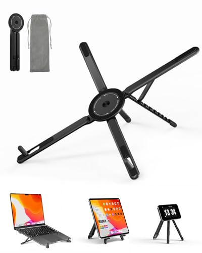 Viozon Portable Laptop Stand for Desk, Foldable Adjustable Computer Riser with Magnetic Phone Holder, Aluminum Laptop Stand for 10–16” Laptops & 4–13” Phones/Tablets (b) - color: Black