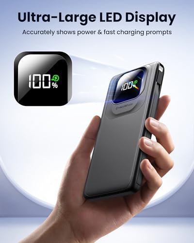 Portable Charger with Built-in Cables,22.5W Super Fast Charging Power Bank Slim Phone Charger,10000mAh Travel Battery Pack Battery Bank with Smart LED Display for iPhone, Android & USB-C - color: Black