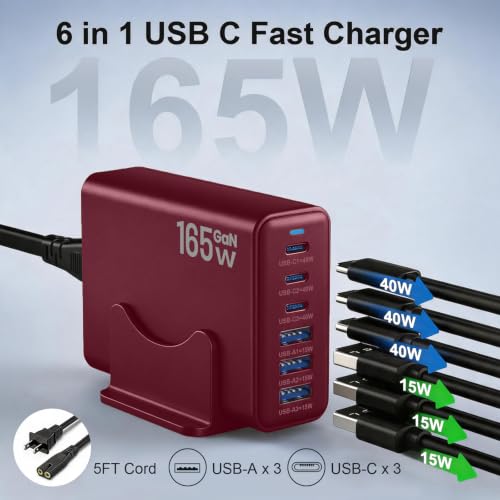 165W Charging Station, 6 Port Desktop Charger, 3 Ports 40W Red - color: Wine Red