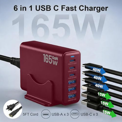 165W Charging Station, 6 Port Desktop Charger, 3 Ports 40W Red - color: Wine Red