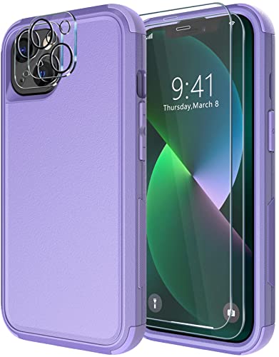 Diverbox for iPhone 13 Case [Shockproof] [Dropproof] [Tempered Glass Screen Protector + Camera Lens Protector],Heavy Duty Protection Phone Case Cover for Apple iPhone 13 (Purple) - color: 13-Purple-screen protector