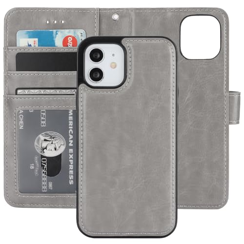 Bocasal Detachable Wallet Case Card Holder for iPhone 12/12 Pro, Grey | Kickstand Card Slots Holder PU Leather Magnetic Shockproof Wrist Strap Removable Flip Protective Cover 6.1 inch - color: Gray