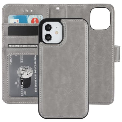 Bocasal Detachable Wallet Case Card Holder for iPhone 12/12 Pro, Grey | Kickstand Card Slots Holder PU Leather Magnetic Shockproof Wrist Strap Removable Flip Protective Cover 6.1 inch - color: Gray