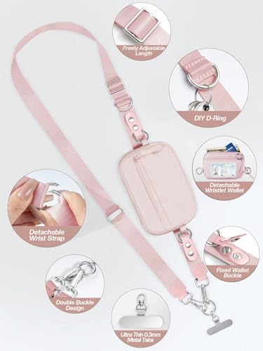 Tiostep Clip and Go Strap for Phone with Wallet Crossbody Phone Lanyard Adjustable and Detachable RFID Wristlet Wallet (Pink, Large) - color: Pink, size: Large