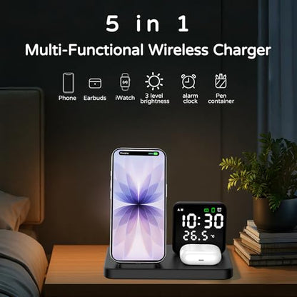 5 in 1 Wireless Charging Station with Alarm Clock Pen Holder, Fast Wireless Charger for iPhone 17/16/15/14/13/12/Pro/Max/Air, for iWatch & AirPods, Charger Stand with Temperature, Snooze Model Black - color: BLACK