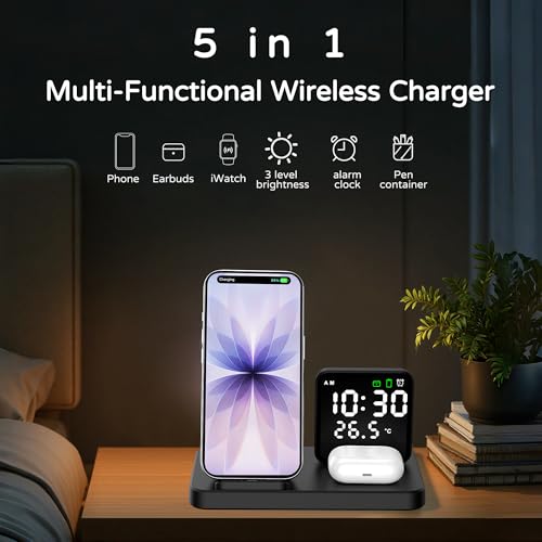 5 in 1 Wireless Charging Station with Alarm Clock Pen Holder, Fast Wireless Charger for iPhone 17/16/15/14/13/12/Pro/Max/Air, for iWatch & AirPods, Charger Stand with Temperature, Snooze Model White - color: WHITE