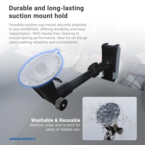 ARKON Mounts Slim-Grip Ultra Windshield Car Phone Mount | Universal Fit Phone Holder | Strong Suction Hold | Arm Extends for Long Dashboards | Compatible with iPhone, iPad Mini, Galaxy, and more