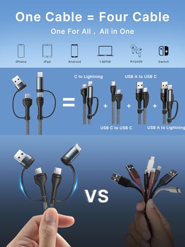 4 in 1 Charging Cable, USB C Lightning Adapter USB C to USB C 60W PD [Fast Charging & Data Sync] 4 in 1 Multi Charger for iPhone 16 15 14 13 12,MacBook Pro 2023 iPad mini 6/Pro,Samsung Galaxy S22 S21 - color: Black, size: 3FT