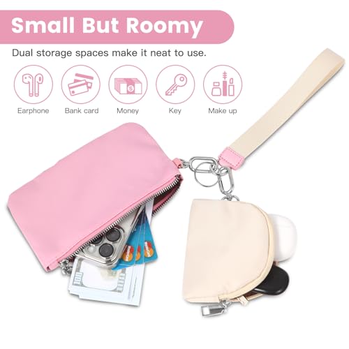 Mini Zip Around Wristlet Wallet, Dual Pouch Keychain Coin Purse for Women | Phone wallet design, detachable pouches, waterproof nylon, zipper closure, card holder, travel and daily essentials organizer - color: Pink+White